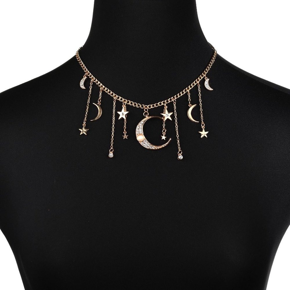 Moon and Star Charm Necklace Choker - Picture 2 of 13